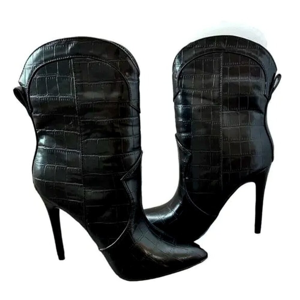 Black Croc-Embossed Stiletto Boots